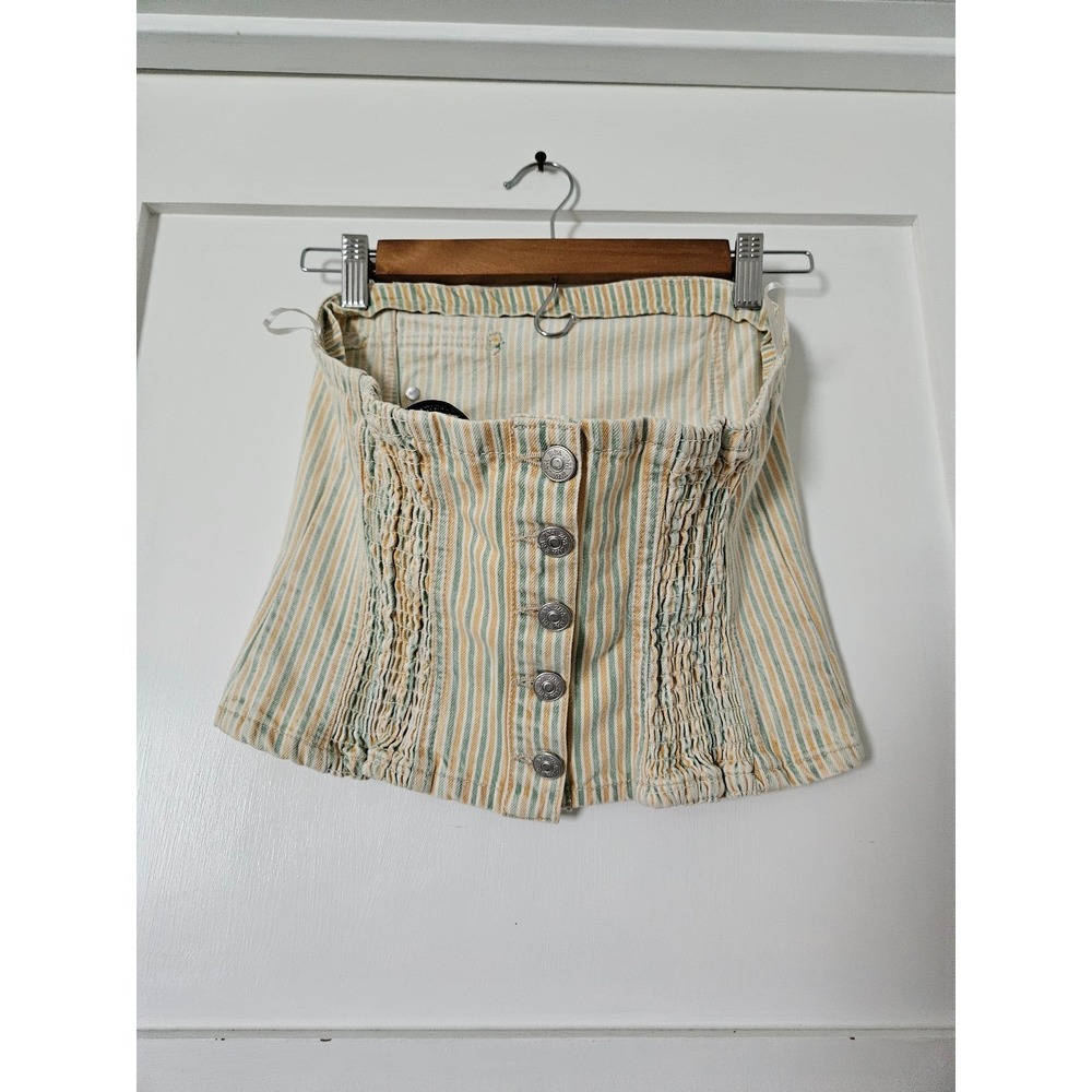 ZARA Striped Denim Tube Top Size M Green Yellow Cotton Button Back Smocked Y2K